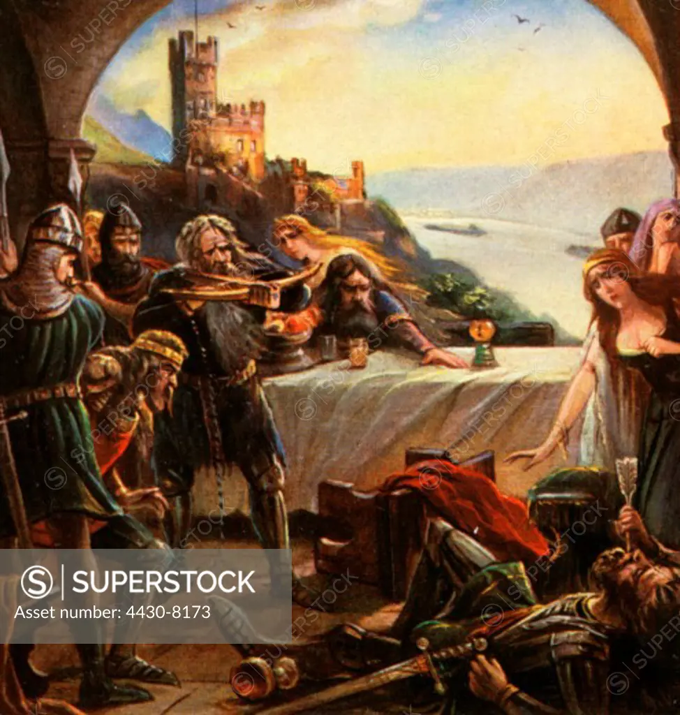 literature legends of the Rhine the blind marksman (Siebold's death) print after painting by Adolf Volkhofen Jr. ARTIST'S COPYRIGHT MUST ALSO BE CLEARED,