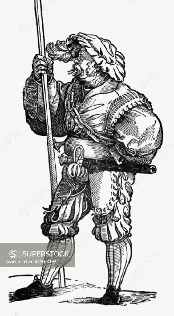 military Landsknechts pikeman woodcut by Peter Floeter 1525,