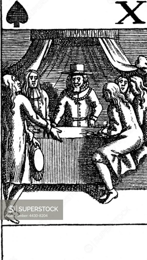 Great Britain events Gunpowder Plot 1605 questioning of the assassin Guy Fawkes by the privy councillor British playing card 17th century,