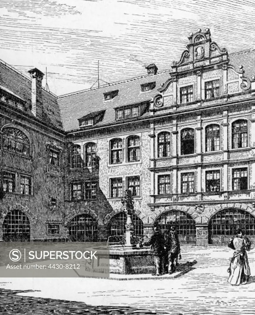 Germany Munich gastronomy Hofbr_uhaus exterior view Western court engraving 1897,
