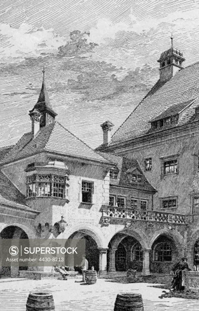 Germany Munich gastronomy Hofbr_uhaus exterior view Eastern ambulatory engraving 1897,