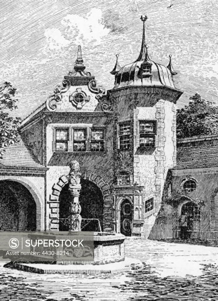 Germany Munich gastronomy Hofbr_uhaus exterior view fountains and tower engraving 1897,