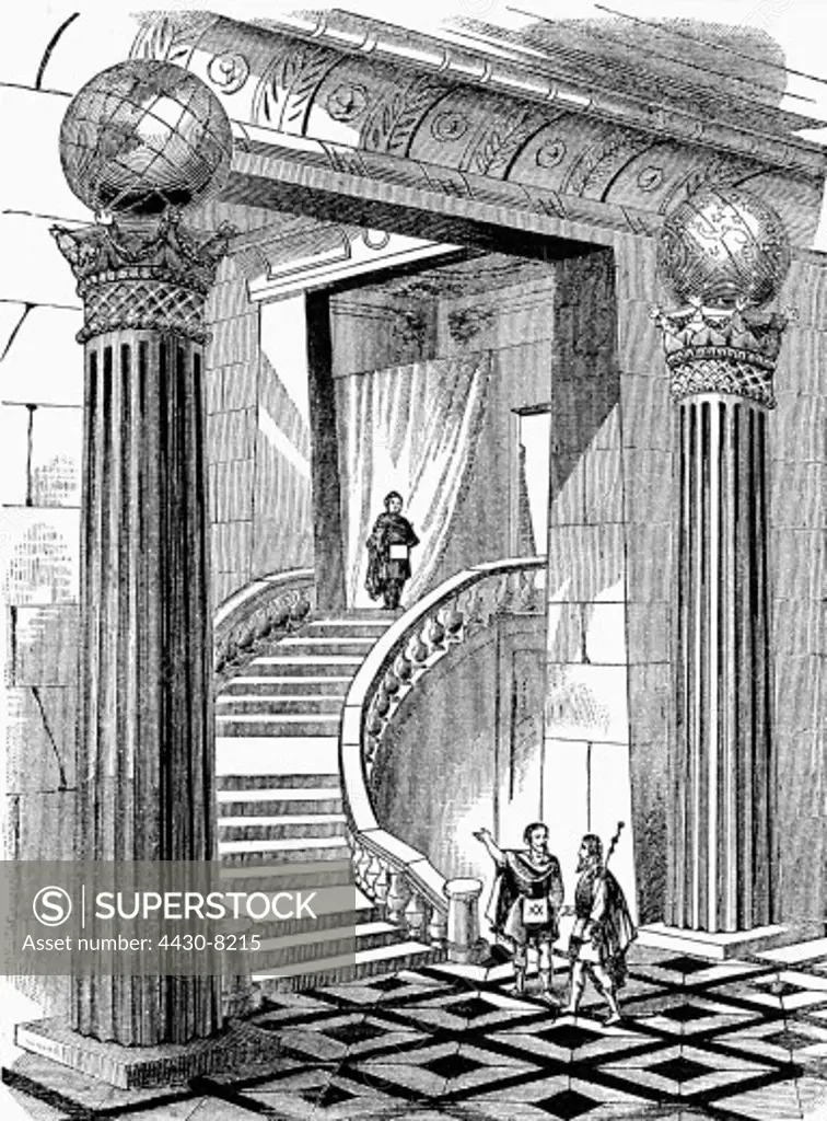 freemason entrance to the temple of a Masonic lodge wood engraving 19th century,