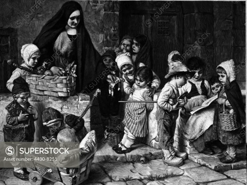Christmas gift giving in front of a convent wood engraving after painting by Hermann von Kaulbach circa 1890,