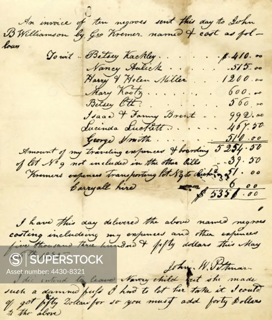 slavery slave trade bill of John W. Pettman transport of ten coloured slaves of John B. Williamson to George Kremer 26.5.1835 Library of Congress Washington D.C.,