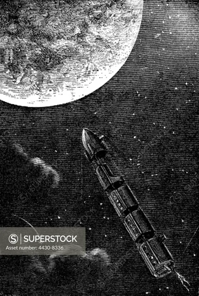 Verne Jules 8.2.1828 - 24.3.1905 French author writer illustration from ""From the Earth to the Moon"" (De la Terre a la Lune) 1865 wood engraving,