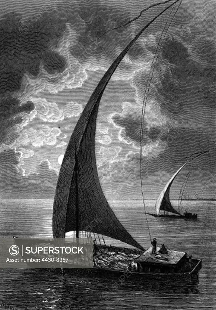slavery transport transportation Arabian dhow at a ride in the night wood engraving 1860,