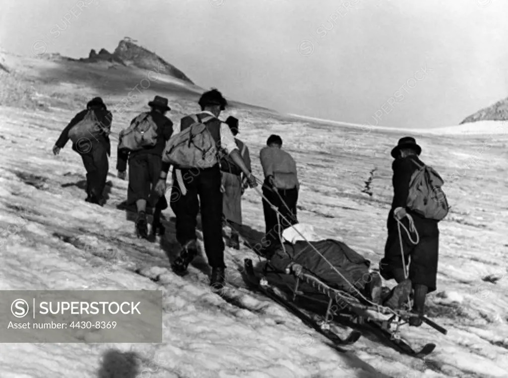 mountaineering mountain rescue transport of a injured person Germany 1930s,