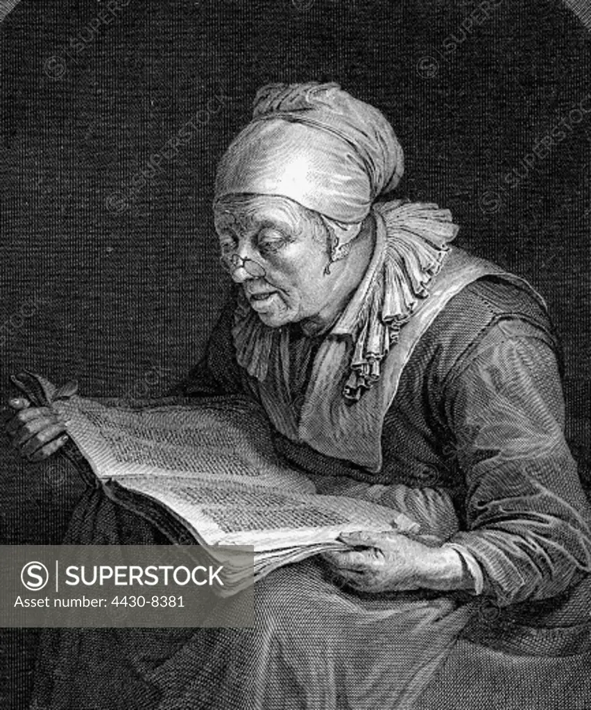 people old woman with glasses reading copper engraving by J.G. Wille after a painting by Gerard Dou (1613 - 1675) 1650,