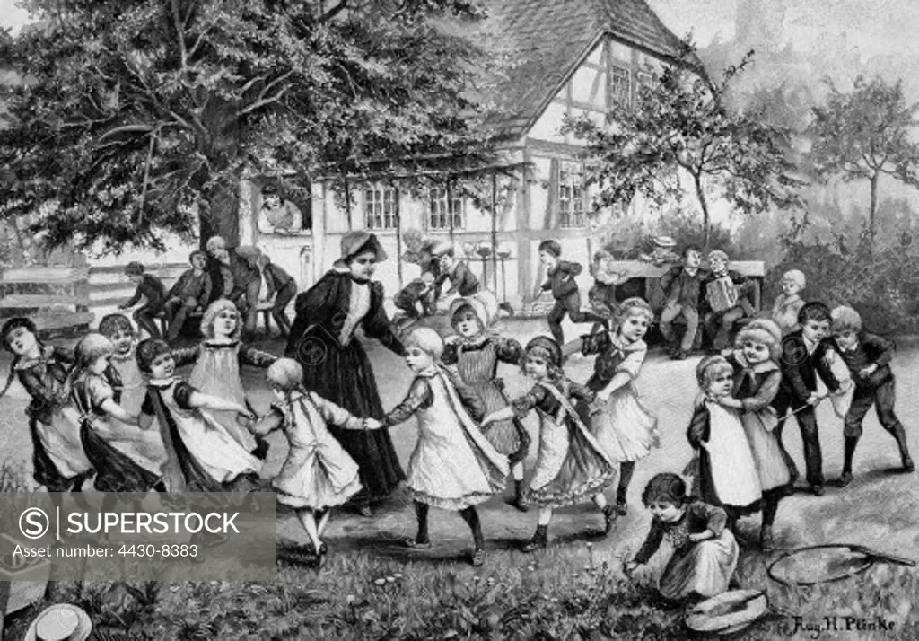 people children kindergarten ""In the holiday colony"" drawing by August H. Plinke 1895,