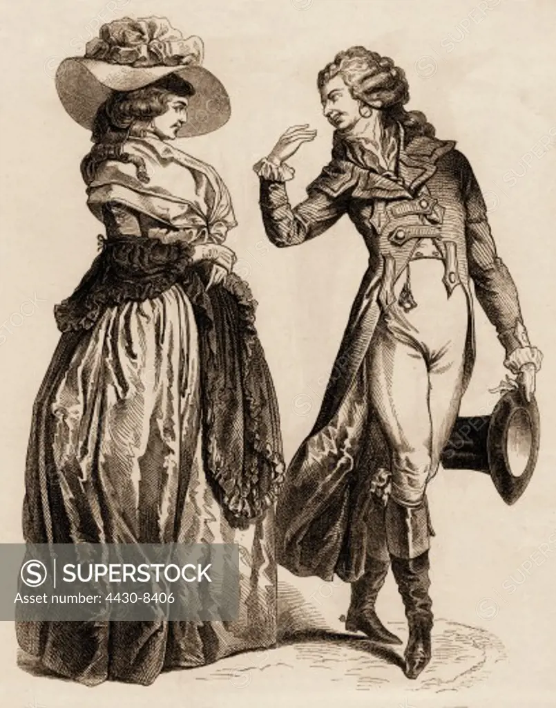 fashion 18th century ladies' fashion and men's fashion late 18th century wood engraving,