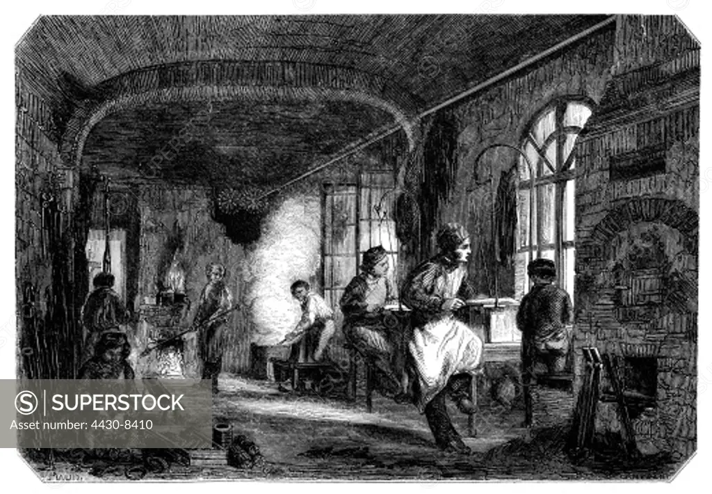 industry metal workers in brass foundry wood engraving after Piaud by D.Lancelot 19th century,