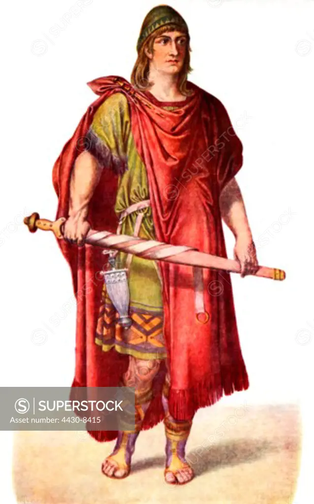 ancient world Celts tribal prince of the Hallstadt culture (circa 800 - 475 BC) reconstruction by Julius Naue colour print circa 1900,