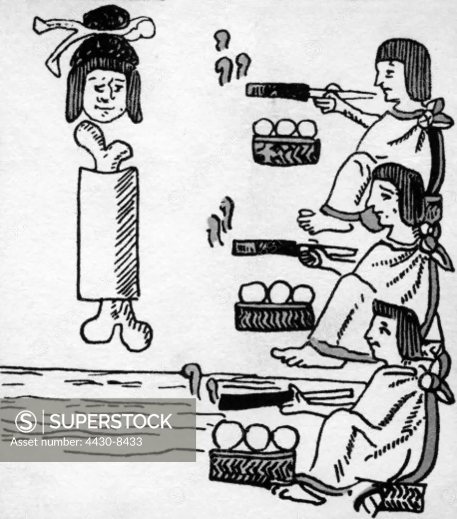 tobacco/smoking native Americans Aztecs with tobacco rolls Illustration circa 14th century Central America,