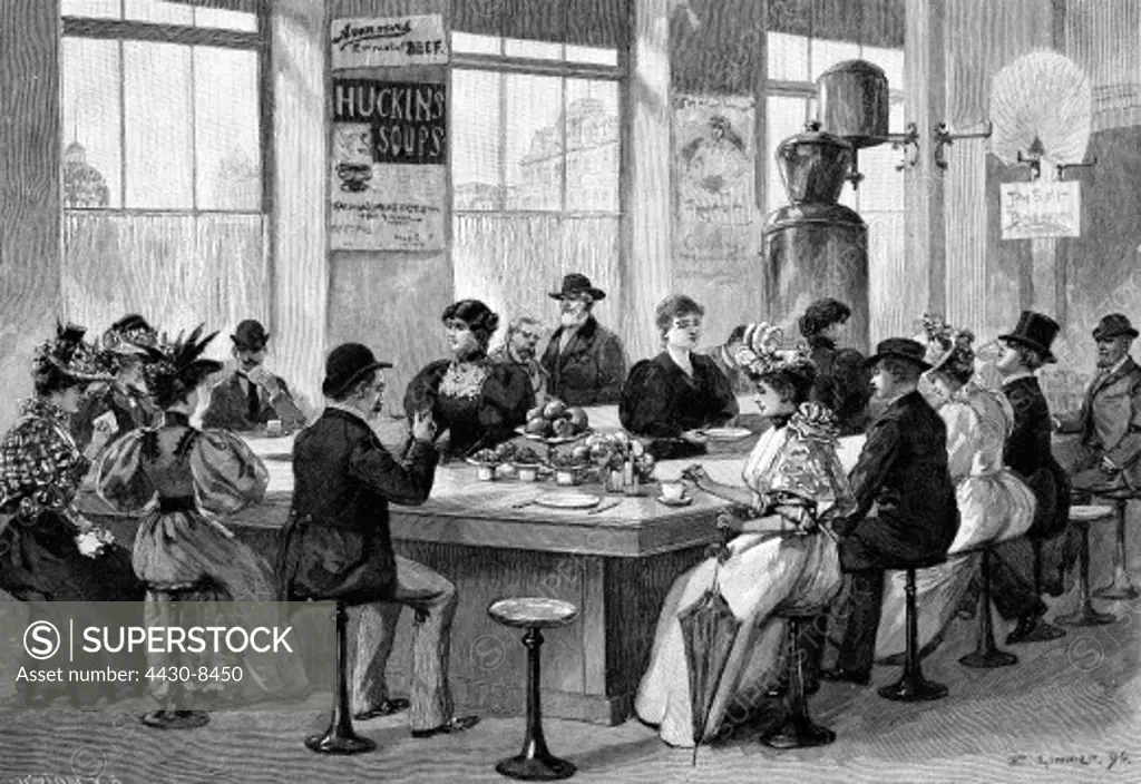 USA Chicago gastronomy lunchroom interior view after original drawing by Ernst Limmer (1854 - 1931) wood engraving by Union 1896,