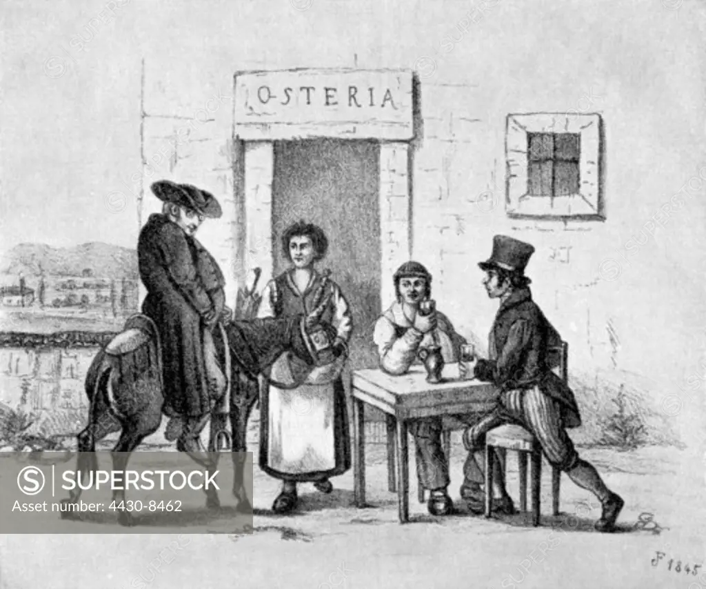 gastronomy inns ""At the Osteria"" (Vor der Osteria) by emperor Franz Joseph I. of Austria lithograph 1845,