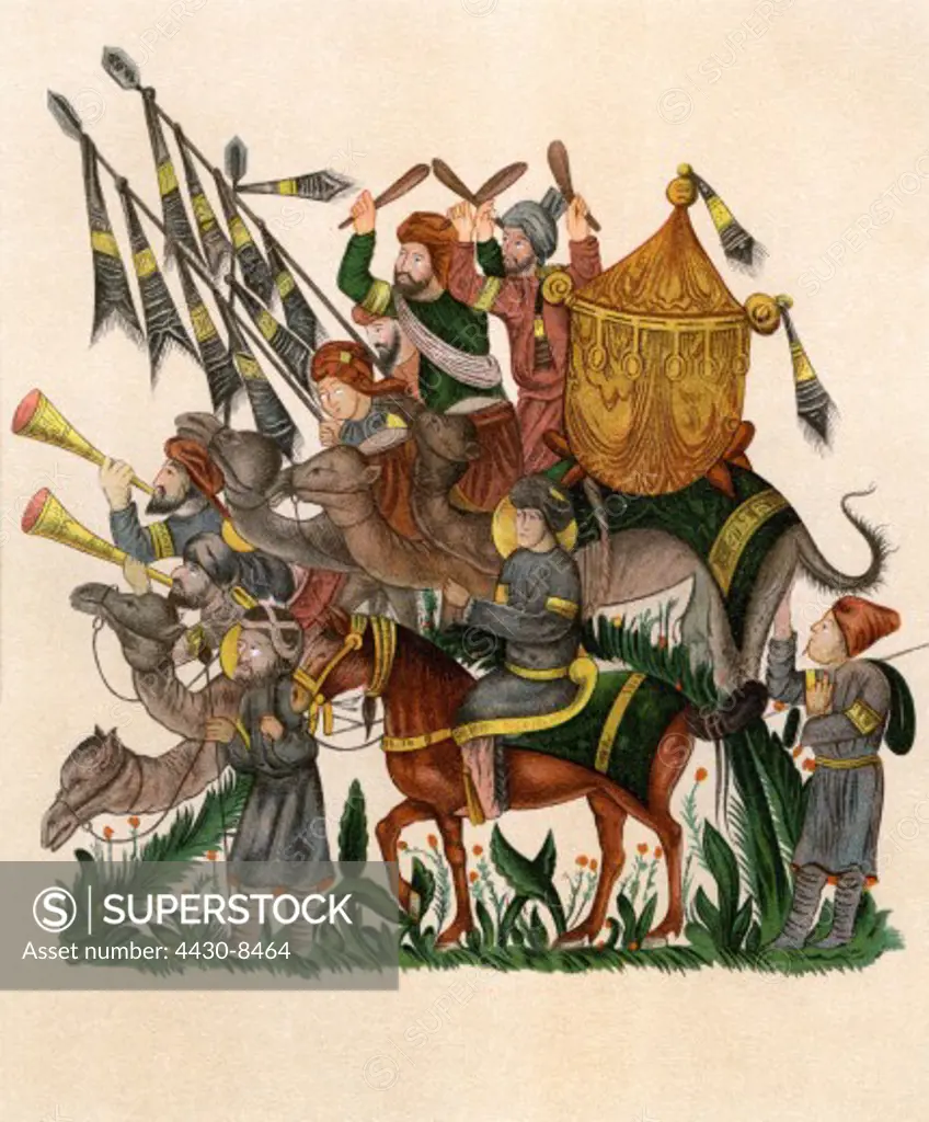 military Middle Ages trumpeters and timpanists of a Saracen army on the march chromolithograph second half of the 19th century after a mediaeval Arabic miniature,