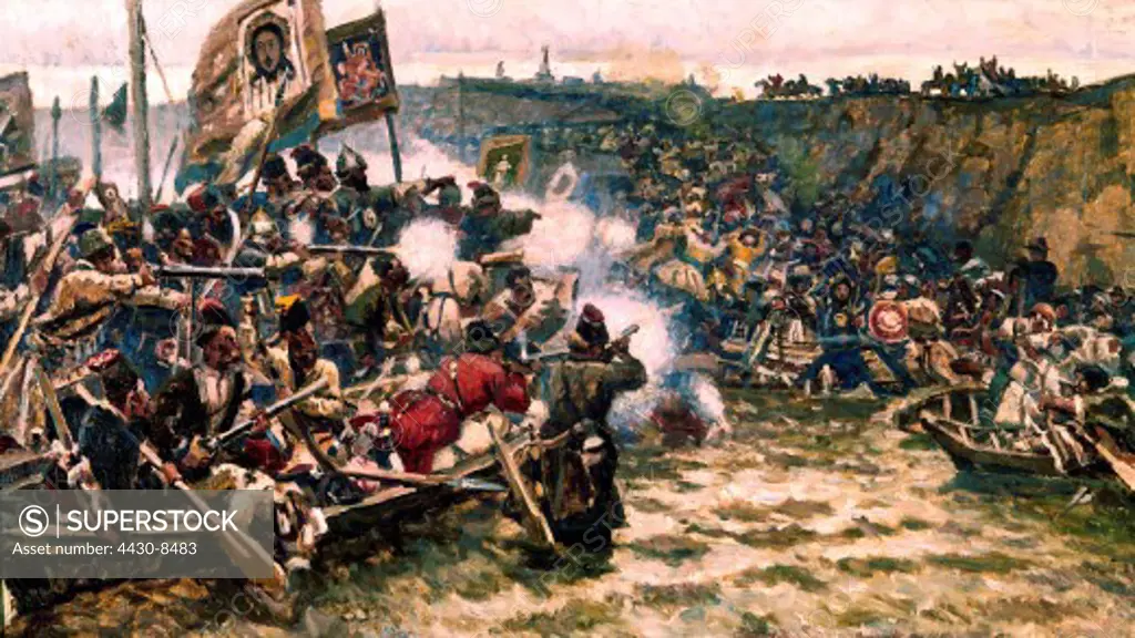 Russia Siberia Cossacks conquest under Yermak Timofeyevich 1581 1582 battle painting by Wassili Surikov Tretiakov Gallery Moscow,