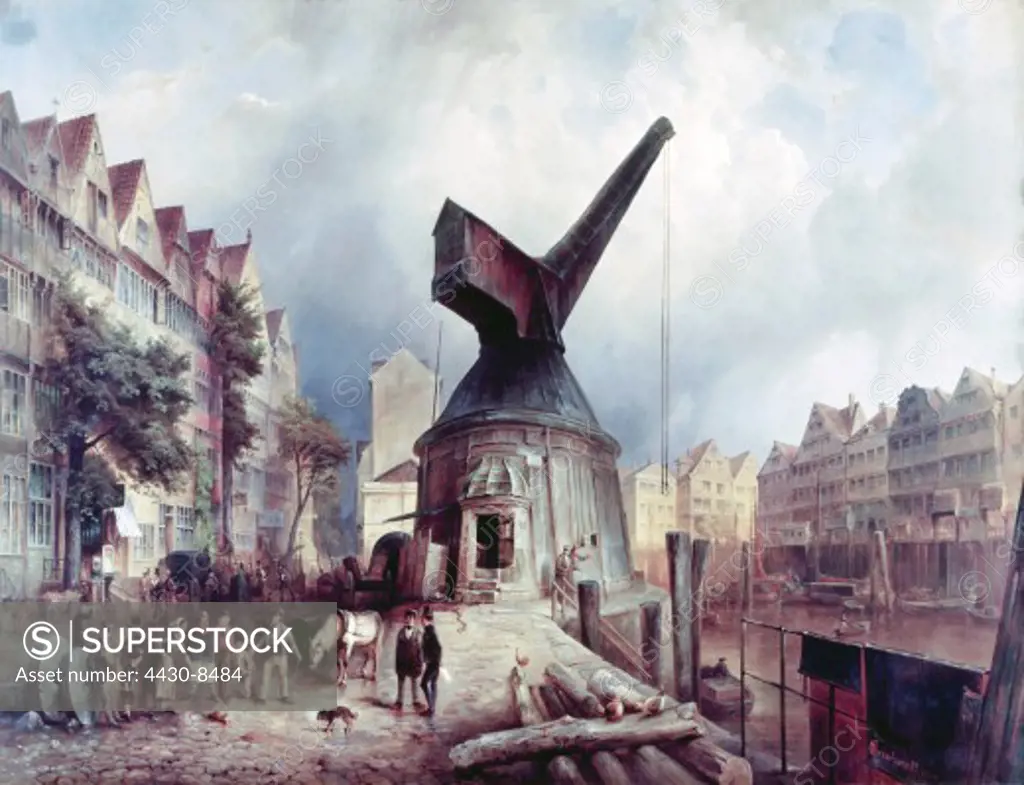 Germany Hamburg ""Der neue Kran"" (The new Crane) painting by Carl August Reinhardt 1854 Kunsthalle Hamburg,