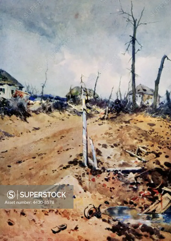 events First World War WWI Western Front village destroyed by artillery painting based on a photograph,