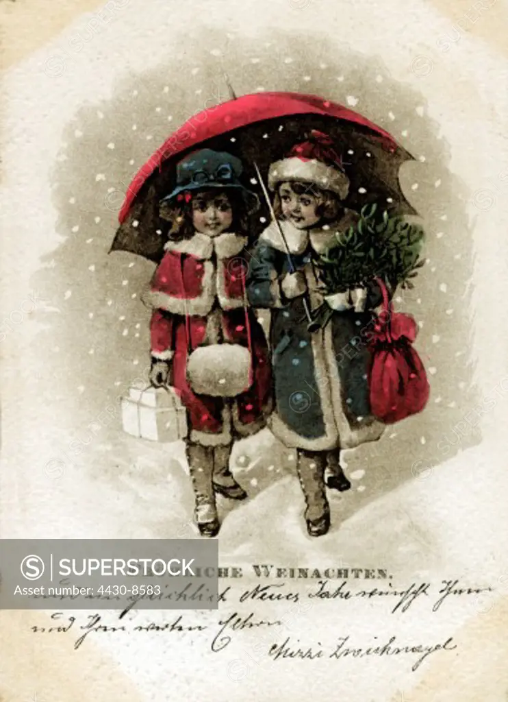 Christmas greetings card two young girls under an umbrella walking in the snow postcard Austria 1905 ""Merry Christmas!"",