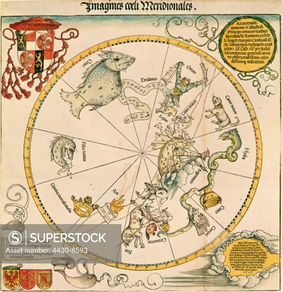 astronomy constellations southern celestial sphere with coat of arms of the Archbishop of Salzburg copper engraving coloured by Albrecht Duerer (1471 - 1528) 1515 Graphical State Collection Munich,