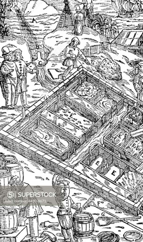 industry salt salt garden at the sea woodcut ""De re metallica libri XII"" by Georgius Agricola Basel 1556,