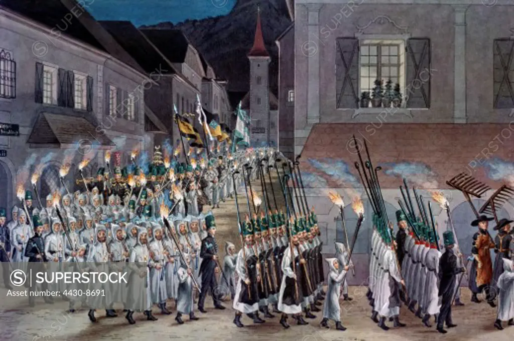 festivity processions procession of the miners in Eisenerz Styria Austria 1.9.1841 painting by Matthaeus Tendler (1806 - 1881) Eisenerz museum of local history,