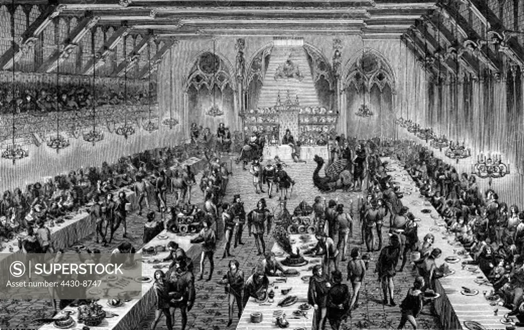 gastronomy meals banquet of a prince in the 14th century reconstruction by Eugene Viollet-le-Duc (1814 - 1879) wood engraving 19th century,