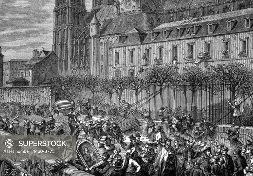 France revolution 1830 July revolution 26.6.1830-29.7.1830 destruction and plunder of the palace of the archbishop Paris later wood engraving 19th century,