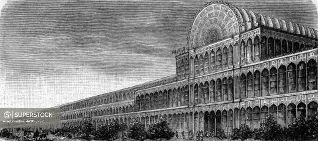 exhibition world exhibition London 1.5. - 18.10.1851 first world exhibition crystal palace built 1850/1851 after plan by Joseph Paxton in Hyde Park exterior view engraving 19th century,