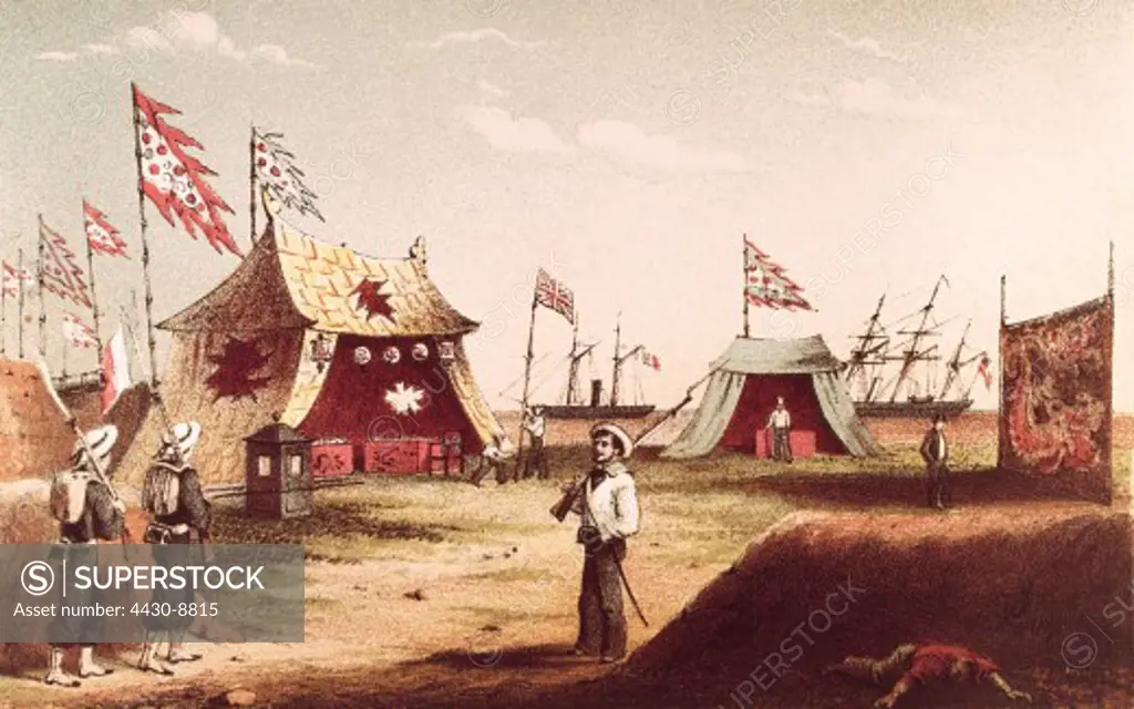 events Second Opium War 1856 - 1860 treaties of Tientsin 26.6.1858 - 29.6.1858 Chinese tents for the reception of the British mission engraving by Hanhart after Dedwell 1858 politics China Great Britain colonialism imperialism Asia Royal Navy sailors pickets,