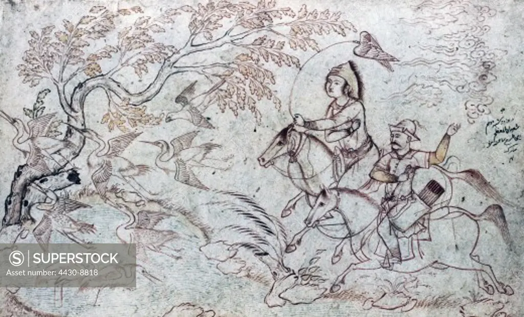 hunt falconry hunters on horseback haunting a heron brush drawing by Riza Abbasi first half of the 17th century,