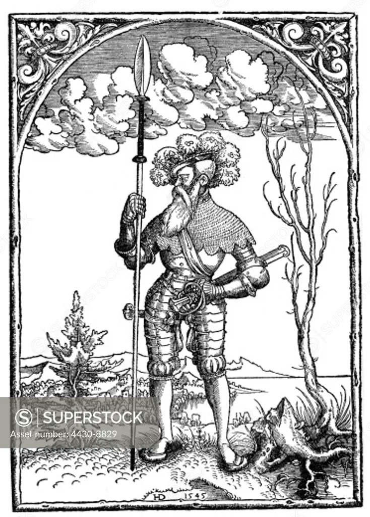 military Landsknechts Landsknecht captain full length wood engraving by Hans Doering 1545,