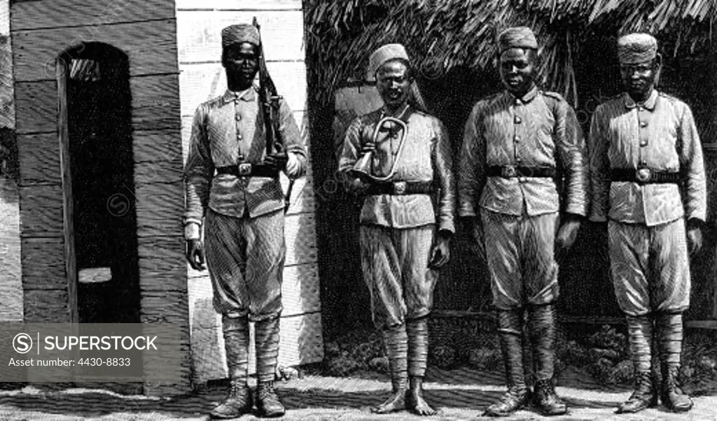 Tanzania military Schutztruppe (German colonial force) Askari guard Dar-es-Salaam wood engraving circa 1900,