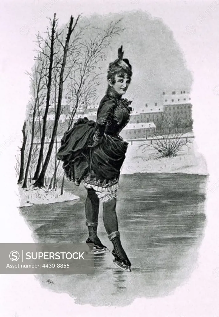 sport/sports winter sports ice skating female skater ""The Winter Queen"" engraving after drawing by Gottfried Sieben circa 1900 skates women historic historical,