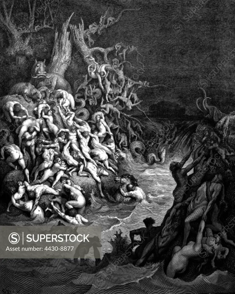 religion biblical scenes ""The Deluge: Rising of the Waters"" wood engraving by Gustave Dore (1832 - 1883) 19th century,