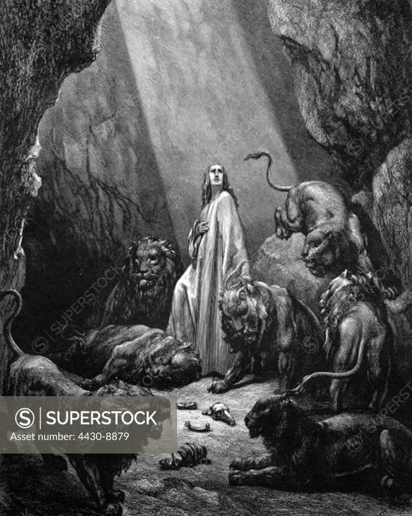 religion biblical scenes Daniel in the lions- den engraving by Gustave Dore (1832 - 1883) 19th century lions Babylonian Captivity religion Old Testament Book of Daniel,