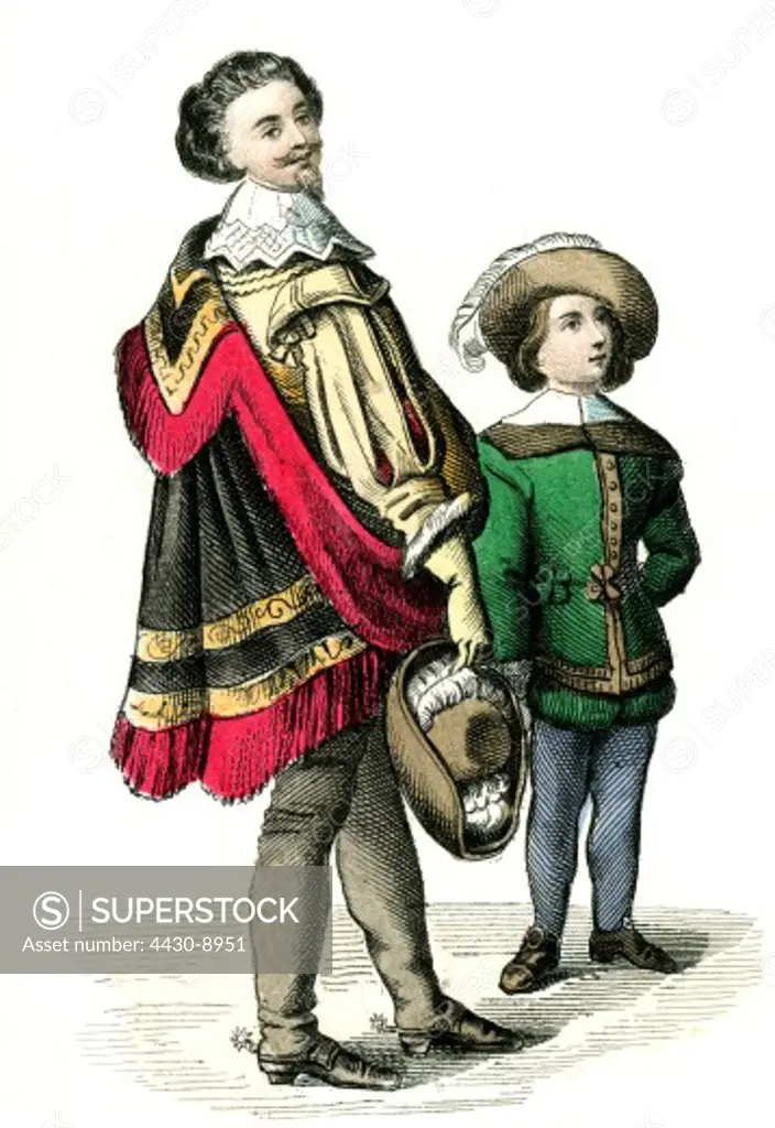 fashion 17th century France mens costume circa 1630 wood engraving 19th century,