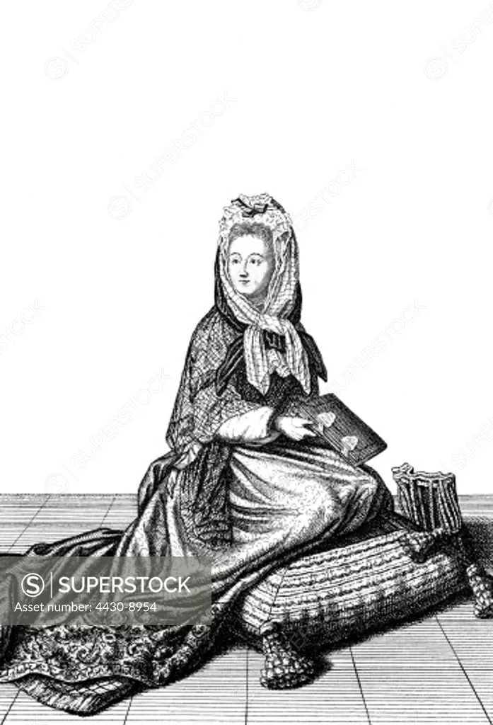 fashion 17th century France nobelwoman in the church copper engraving by J. D. de Saint Jean 1685,