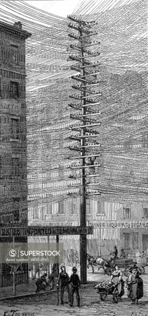 energy electricity power pole in New York USA wood engraving late 19th century,