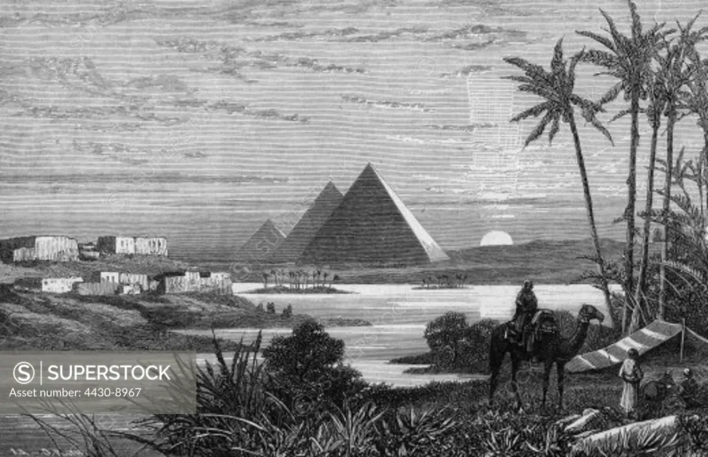 Egypt Giza pyramids of pharaohs Cheops Chephren and Mykerinos during flood of river Nile engraving 19th century,