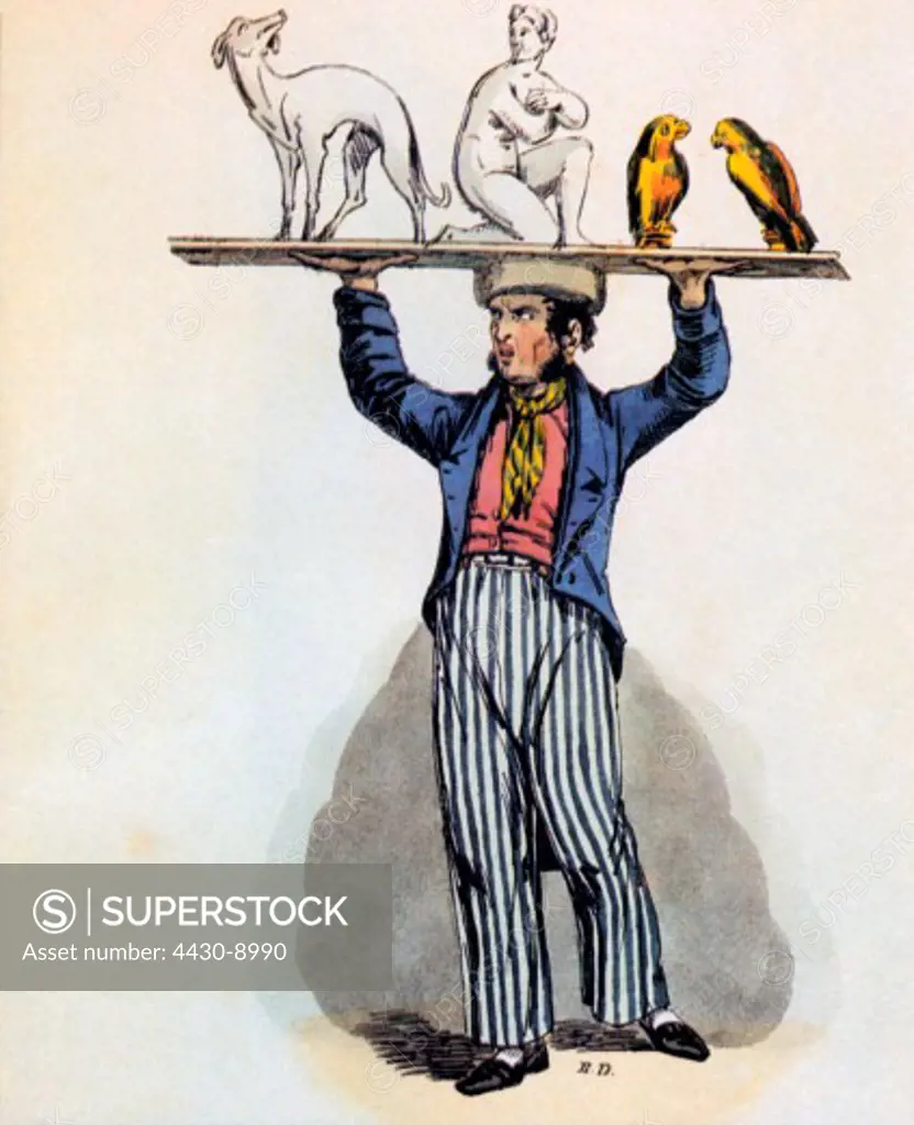 trade merchants vendor of plaster figures after drawing by Franz Burchard D_rbeck (1799 - 1835) circa 1830 coloured lithograph,