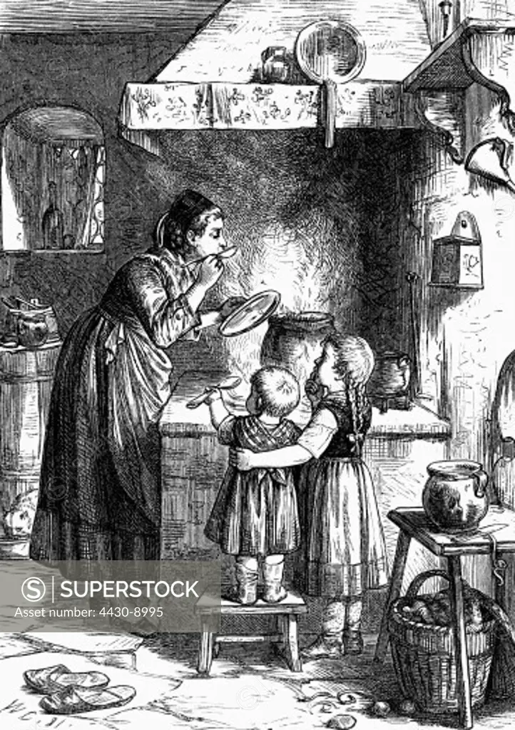 household kitchen and kitchenware woman sampling at stove wood engraving after drawing by Wilhelm Claudius 1881,