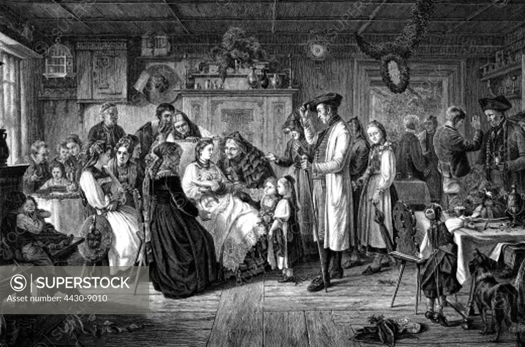 festivities baptism child's christening in Betzingen after painting by Friedrich Adolf Hornemann (1813 - 1890) wood engraving by W.Aarland 1871,