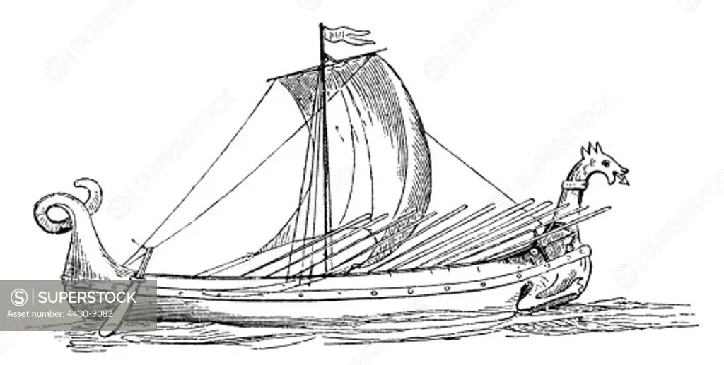 transport transportation navigation Vikings Viking ship 9th 10th century wood engraving late 19th century,