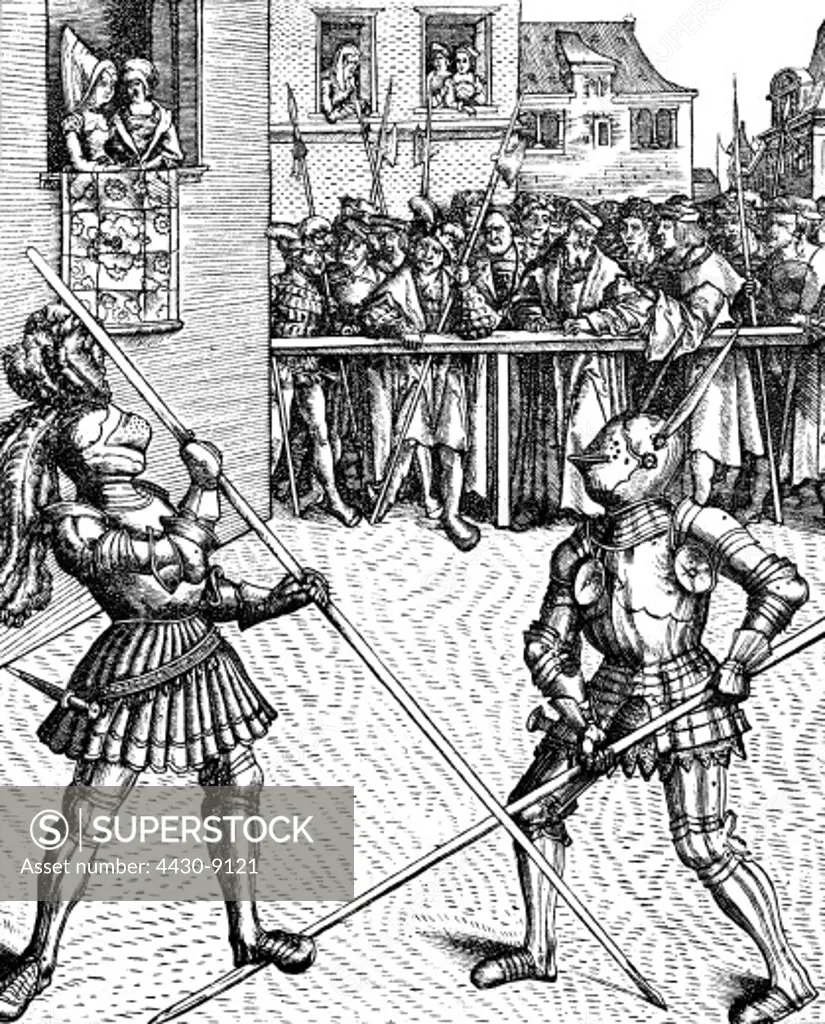 Middle Ages knights tournament knights fighting on foot with lances woodcut from ""Weisskunig"" by Hans Burgkmair 1516,