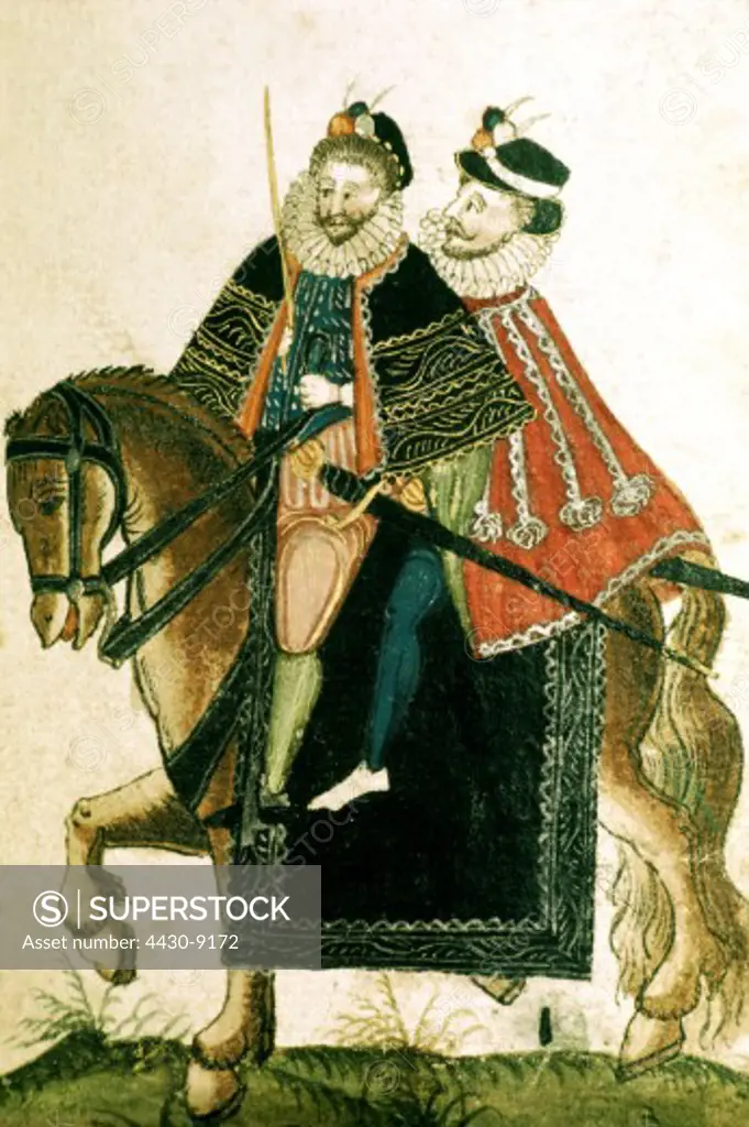 sports equitation two noblemen on horseback woodcut 1581 nobility fashion horse 16th century,