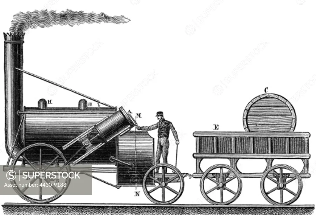 transport transportation railway locomotives steam locomotive ""The Rocket"" George Stephenson 1829 wood engraving 19th century,
