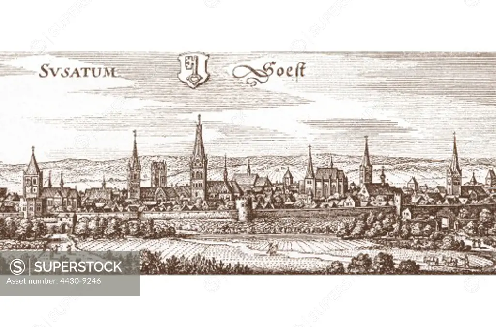 Germany North Rhine-Westphalia city views cityscapes Soest after engraving from ""Topographia Westphaliae"" by Matth_us Merian 1645,